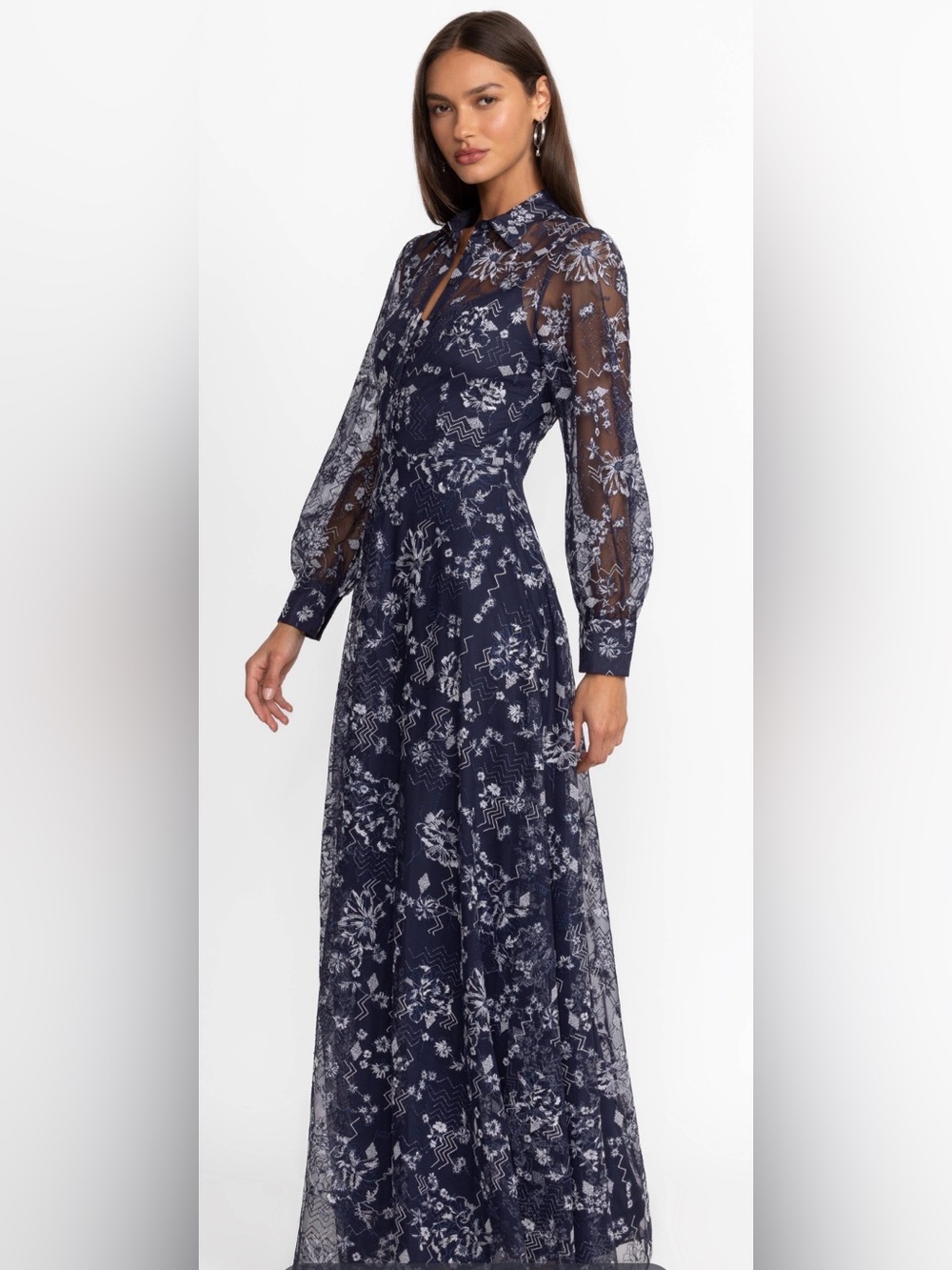 Johnny Was ADA DRESS. Navy Embroidered sheer sleeves Size 12